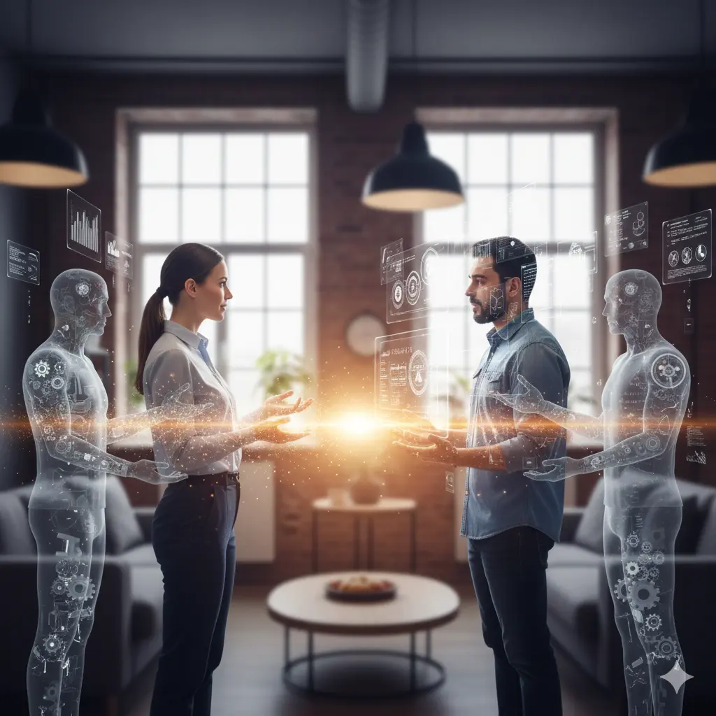 imagen i.a de dos personas que conectan en su comunicación. Aparecen luces y sobreimprsiones de desdoblamiento de cuerpos para mostrar la conexión.