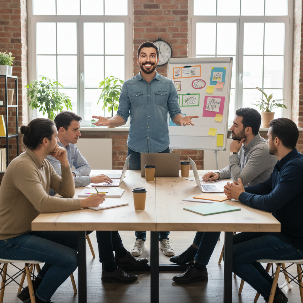 Ejemplo de comunicación no verbal ineficaz y falta de veracidad en una reunión de equipo empresarial.