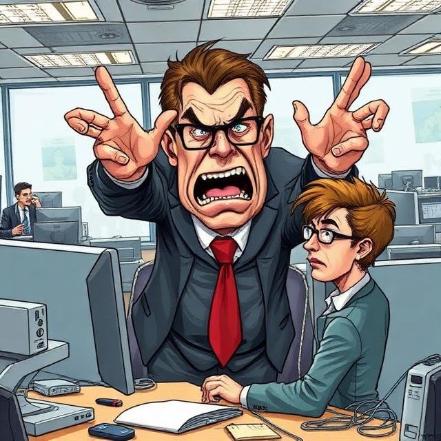 imagen que forma parte de las ilustraciones de la página mundo soft skills y que representa a un jefe sin ejercer liderazgo, sin empatía ni juicio crítico.Se presenta echandouna bronca a un empleado.