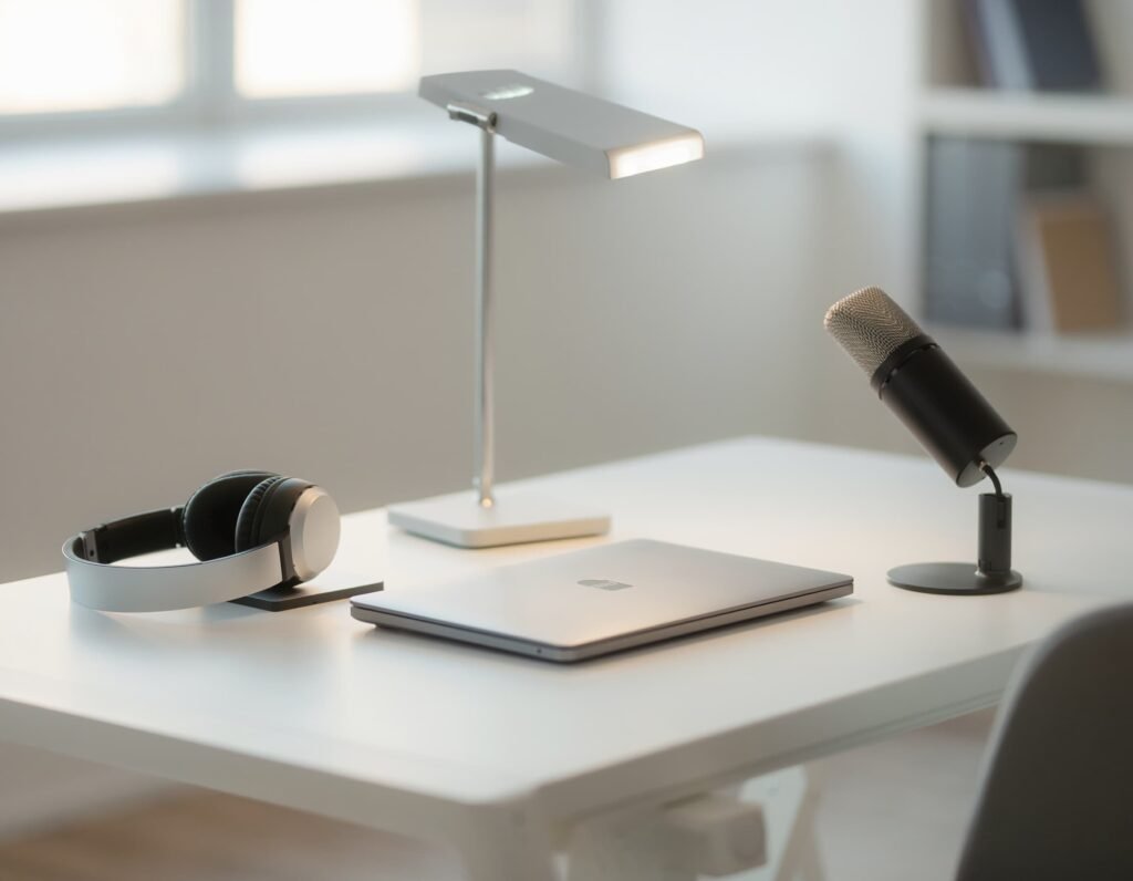Setup profesional con micrófono y auriculares para el Kit del Comunicador Influyente en entornos de empresa.