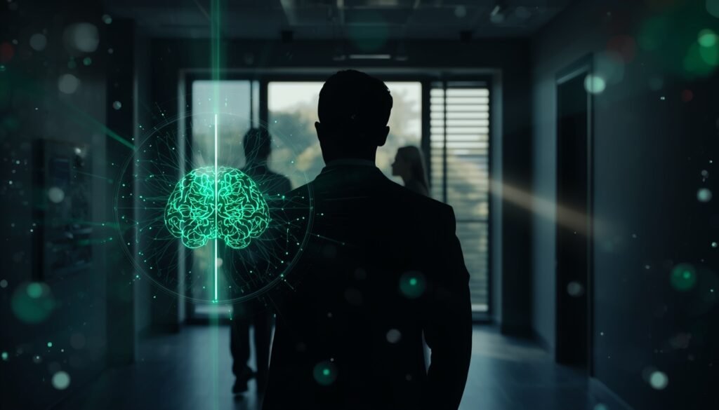 Representación de la neurocomunicación y la conexión sináptica entre líder y audiencia para evitar el sesgo de la primera impresión en los negocios.