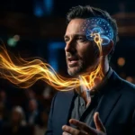 Primer plano de un hombre hablando con ondas doradas saliendo de su boca hacia una representación del cerebro humano, ilustrando el concepto de resonancia emocional y neurocomunicación.