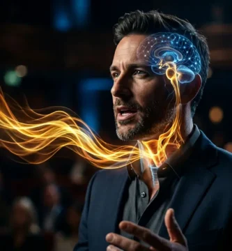 Primer plano de un hombre hablando con ondas doradas saliendo de su boca hacia una representación del cerebro humano, ilustrando el concepto de resonancia emocional y neurocomunicación.