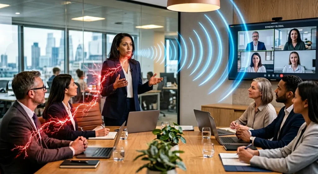 Una líder en una oficina moderna rodeada de su equipo presencial y en pantalla, mostrando ondas de sonido azules de calma y rayos rojos de estrés, representando el impacto de la voz en el clima laboral.