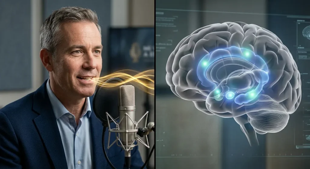 Composición de pantalla dividida que muestra a un hombre comunicándose con un micrófono profesional y un modelo 3D de un cerebro con el sistema límbico iluminado, simbolizando el sistema VoiceFACS 4.0.
