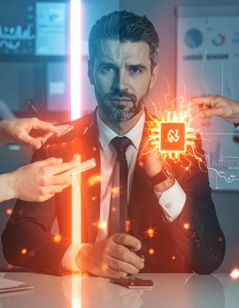 tercera imagen del blog ¿TU VOZ CALMA O ACTIVA LA ALARMA DE TU EQUIPO? 🎙️🧠 donde se consolida la imagen del hombre ocupado que ha de saber transmitir el mensaje mediante su voz y habilidades de comunicación.